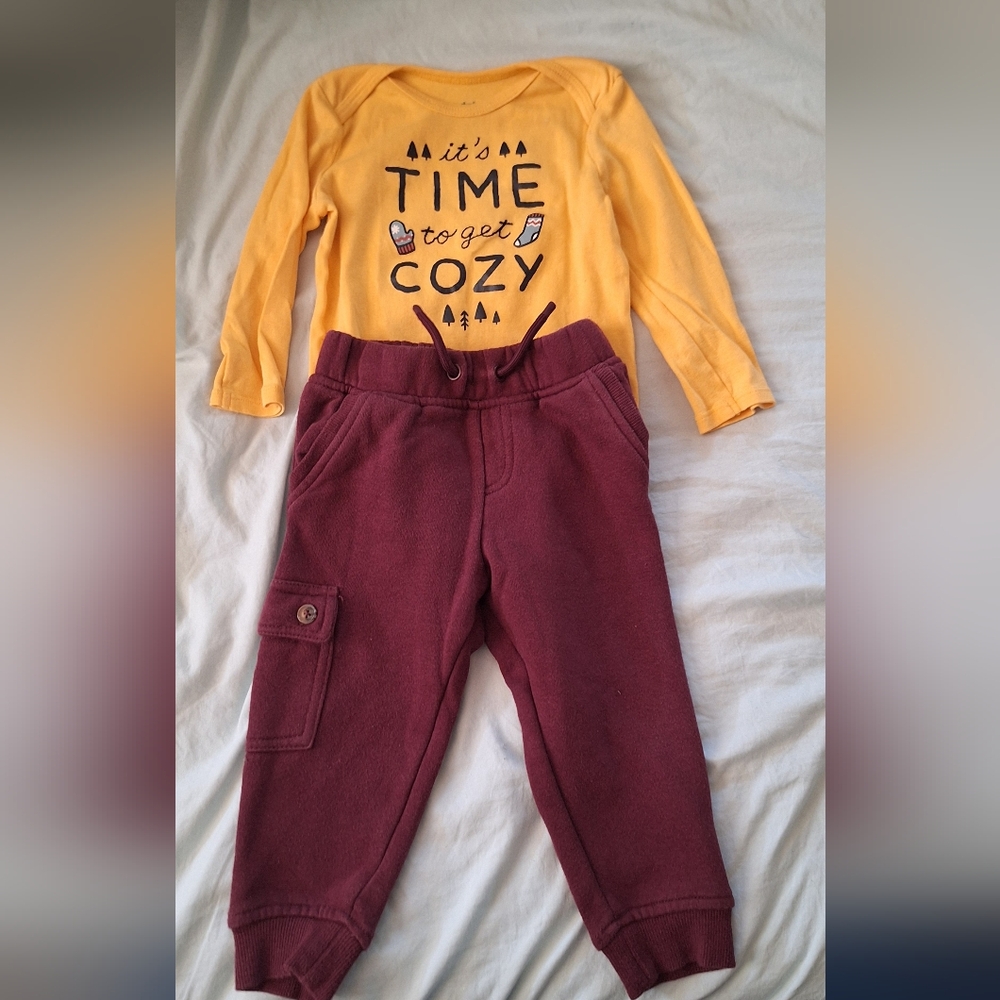 🏷 2/$12 Baby Yellow Long Sleeve And Burgandy Pants Set